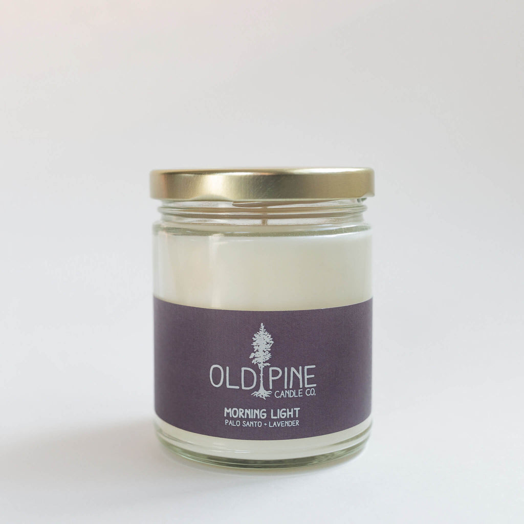 Handmade, Made in colorado, Evergreen, American grown Soy wax, Phthalate-free, Paraben-free, Lead-free wicks, Candle, Inspired by the mountains, Evergreen, Women-led, Clean and even burn, Focused on sustainability, Old Pine Candle Co., palo santo, lavender, relaxing, morning light, warm, earthy, winter scent, small batch, limited edition, valentines day, for her,