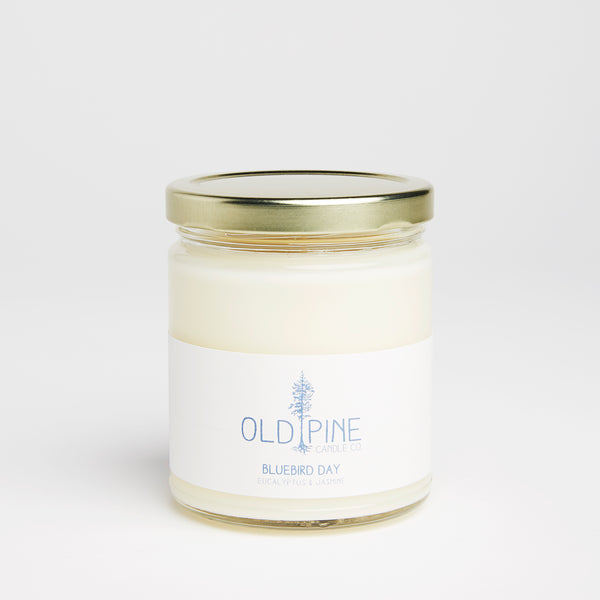 Handmade, Made in colorado, Evergreen, American grown Soy wax, Phthalate-free, Paraben-free, Lead-free wicks, Candle, Inspired by the mountains, Evergreen, Women-led, Clean and even burn, Focused on sustainability, Old Pine Candle Co., Bluebird Day, Eucalyptus, Jasmine, sunny skies, crisp air, spring scent, small batch