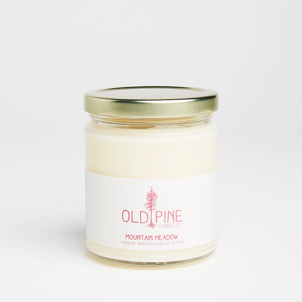 Handmade, small batch, Made in Colorado, Evergreen,American grown Soy wax, Phthalate-free, Paraben-free, Lead-free wicks, Candle, Inspired by the mountains, Evergreen, Women-led, Clean and even burn, Focused on sustainability, Old Pine Candle Co., floral, spicy, gardenia, bergamot and black pepper, peak summer vibes, spring candle, summer candle, mountain meadow