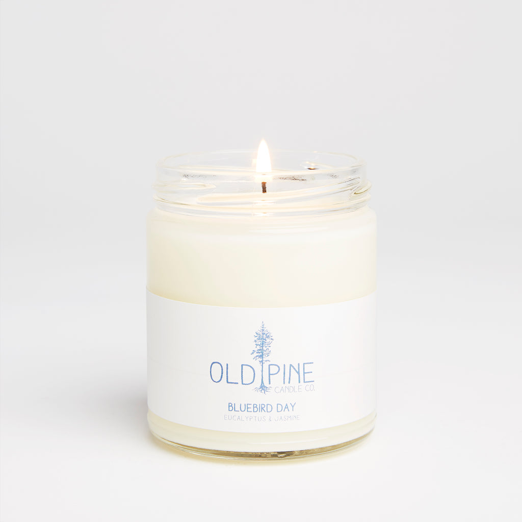Handmade, Made in colorado, Evergreen, American grown Soy wax, Phthalate-free, Paraben-free, Lead-free wicks, Candle, Inspired by the mountains, Evergreen, Women-led, Clean and even burn, Focused on sustainability, Old Pine Candle Co., Bluebird Day, Eucalyptus, Jasmine, sunny skies, crisp air, spring scent, small batch