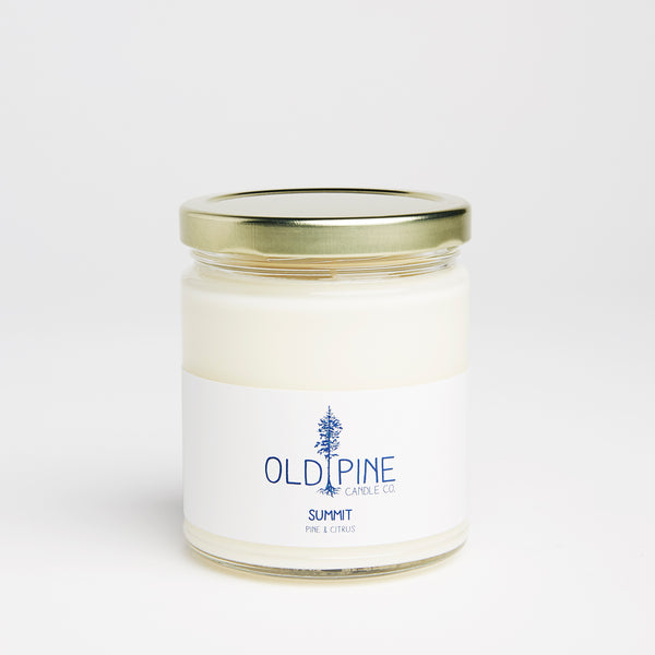 Handmade, small batch, Made in Colorado, Evergreen,American grown Soy wax, Phthalate-free, Paraben-free, Lead-free wicks, Candle, Inspired by the mountains, Evergreen, Women-led, Clean and even burn, Focused on sustainability, Old Pine Candle Co., citrus, pine, evergreen tree, summit, pine and citrus candle, bestseller, winter candle, summer candle